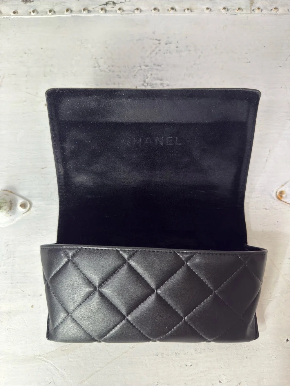 CHANEL Black Leather Quilted Hard Clamshell For Case Eyeglasses & Sunglasses